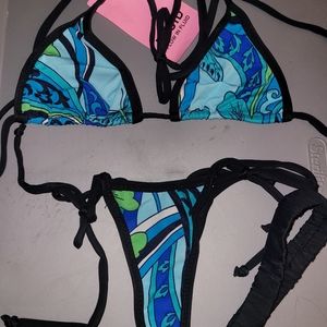 NWT Handmade Tropical Mosaic Print Tri-Top Tie-Side Legal Thong Bottom Bikini